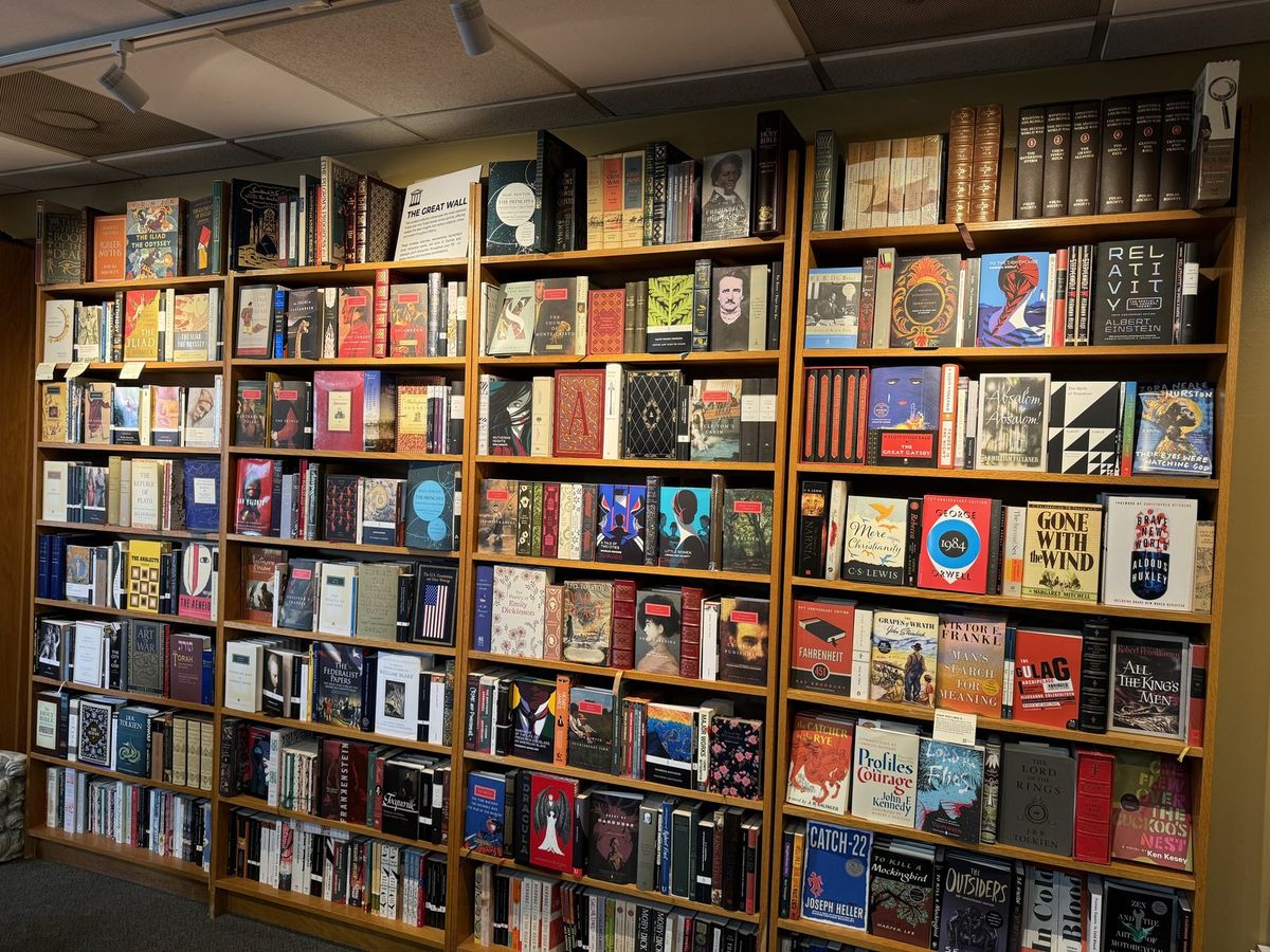 The Great Wall at Landmark Booksellers: shelves of great books arranged in chronological order